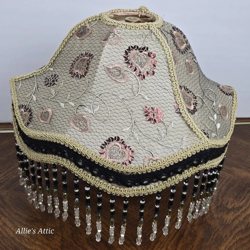Victorian Style Lamp Shade Beaded Tassels Black Pink Gold Floral Flowers 13x7